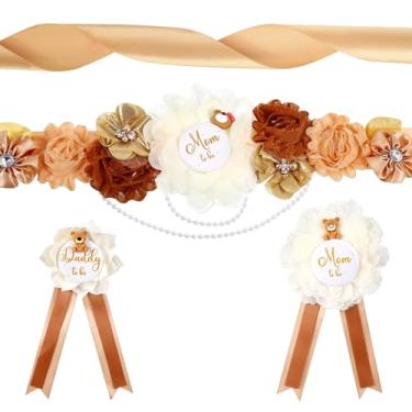 Imagem de INSYOHO We Can Bearly Wait Decorações de chá de bebê - Cinto de maternidade com tema de urso de pelúcia ajustável com flores coloridas, decorações de chá de bebê, suprimentos de festa revelados de