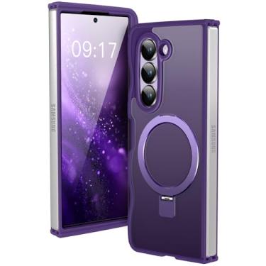 Imagem de KMAMBAG [Suporte magnético e moldura ondulada] Capa para Samsung Galaxy Z Fold 6 [Apto para Mag Safe] [Proteção contra quedas militar] Capa de anel de telefone translúcida Z Fold 6 não amarela, para