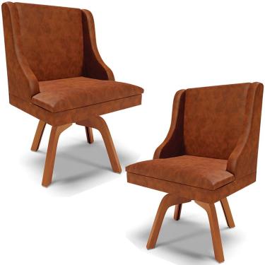 Imagem de Kit 2 Poltronas Decorativas Base Giratória de Madeira Firenze PU Nozes/Natural - Gran Belo