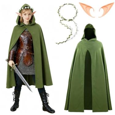 Imagem de Yi-gog Capa medieval com capuz para adultos, capa renascentista com faixa de cabeça floral, orelhas de elfo, cosplay de Halloween, fantasia de bruxa