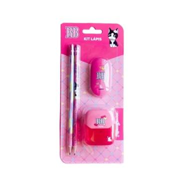 Imagem de Kit Rebecca Bonbon Escolar Lápis Apontador Duplo E Borracha Rosa Estampada