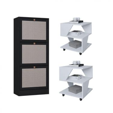 Imagem de Kit Sapateira Spin Tropical 3 Portas E 2 Mesas De Cabeceira Branco/preto