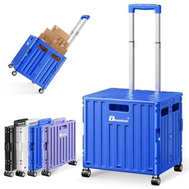 Imagem de Carrinho utilitário dobrável com tampa, carrinho de mão portátil, carrinho de compras dobrável, de plástico durável, com 4 rodas giratórias para compras, escritório, bagagem, escola - azul