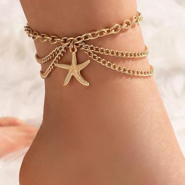 Imagem de Tornozeleiras femininas com pingente de estrela do mar com corrente de elos delicados em camadas banhadas a ouro joias para pés de férias verão estilo vintage Havaí praia acessórios descalços presente
