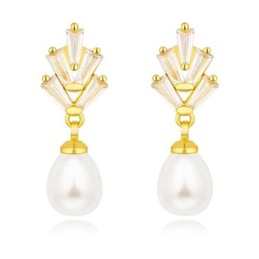 Imagem de Brincos de laço de pérola para mulheres, dia das mães, brincos de pérola de ouro, strass de prata pendurados, joias boho brilhantes como noiva, casamento, formatura, presentes, Small, Aço inoxidável