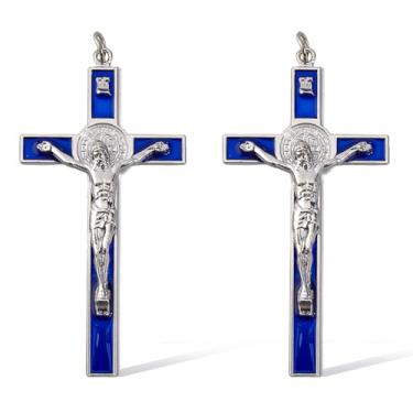 Imagem de DICOSMETIC 2 peças 10,6 x 5,35 cm cruz de parede de liga pequena esmalte crucifixo São Bento crucifixo Jesus Cristo cruz católica cristã decoração presentes de Páscoa para mulheres homens, azul