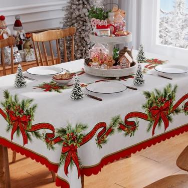 Imagem de Siilues Toalha de mesa de Natal retangular de 152 x 213 cm, fita dourada lavável, capa de mesa à prova d'água, para inverno, borda recortada, decoração de festa em casa