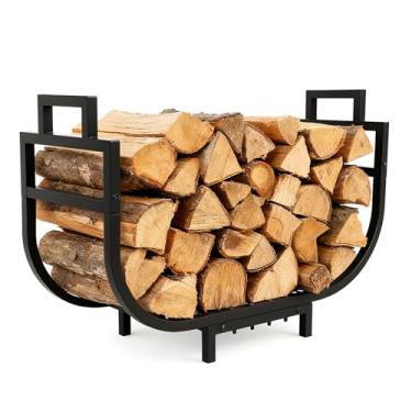 Imagem de Breeze Touch Rack de lenha curvado de 76 cm interno com alça, suportes de madeira preta de metal para lenha, suporte de madeira à prova de ferrugem, armazenamento de lenha resistente para lareira e