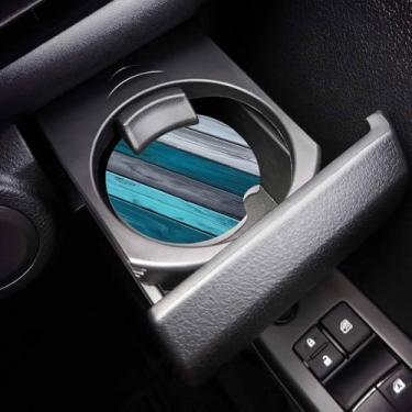 Imagem de Farmhouse Aqua Blue Grey Conjunto de 2 porta-copos de carro para porta-copos, porta-copos de cerâmica absorvente de madeira vintage country de 6 cm para bebidas/chá/café