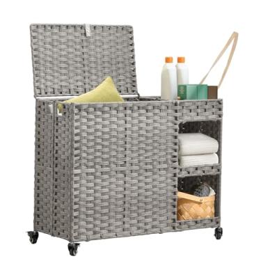 Imagem de Cesto de lavanderia com rodas, 160 litros, organizador de roupas com prateleiras, cesto de roupas de vime com 4 forros removíveis e 3 sacos de malha, organizador de tecido à mão para quarto, banheiro