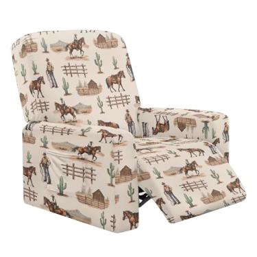 Imagem de Tutolipy Capa para cadeira reclinável Lazyboy com estampa de caubói, 4 peças, antipoeira, antiderrapante, protetor universal para móveis Lazyboy com bolsos laterais de armazenamento, cavalo retrô