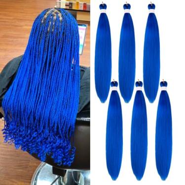 Imagem de Cabelo humano pré-esticado com trança de cabelo azul trançado Kanekalon cabelo humano pré-esticado 66 cm, pacote com 6