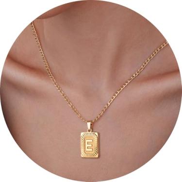Imagem de Colar masculino com inicial, pingente de letra retangular de A a Z, corrente de aço inoxidável banhada a ouro, joia de monograma personalizada, 20in, Aço inoxidável, Sem Pedra Preciosa