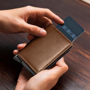 Imagem de Carteira fina - Porta-cartões minimalista, carteiras com bloqueio de RFID, carteiras de cartão de crédito pop-up para homens e mulheres, escritório de viagem, Marrom 1, Portátil