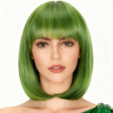 Imagem de Peruca Bob curta com franja, perucas sintéticas de cabelo liso para mulheres, cosplay de 35,5 cm, peruca bob (verde escuro)