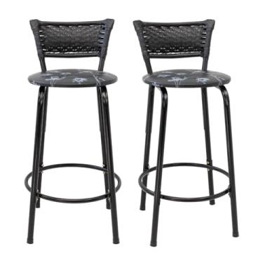 Imagem de Kit 2 Banco Para Bancada Cozinha Gourmet Estrutura Preta Encosto Junco Preto Balcão Ilha Bar Banqueta 60cm Itagold (Assento Floral Preto)