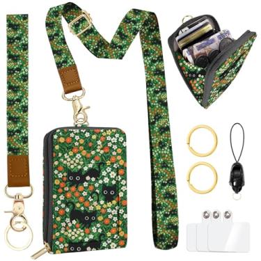 Imagem de bolimoss Carteira de cordão com porta-crachá de identidade, chaveiro feminino com RFID floral de gato preto, porta-cartão de crédito com zíper fofo, alça de pescoço de pulso para crachá de chave