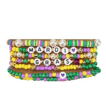 Imagem de MMIUAEG Happy Mardi Gras pulseiras com contas de contas Heishi conjunto roxo verde dourado carnaval empilháveis pulseiras para mulheres acessórios de carnaval para festa presente, Medium, Zinco, Sem