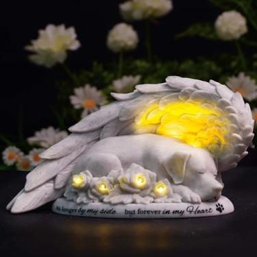 Imagem de DecorSmart Presentes de memorial para cães com perda de cachorro, presentes de pedra memorial para cães de estimação, marcadores de túmulos, lápides funerárias estátua de jardim solar ao ar livre (Cão