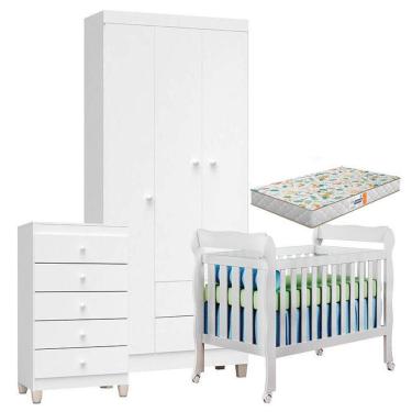 Imagem de Quarto De Bebê 3 Portas Com Gaveteiro Ternura Baby E Berço Lila Branco Brilho Com Colchão Gazin - Incorplac