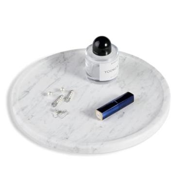 Imagem de Bandeja de servir de mármore natural, bandeja redonda de mármore de 30 cm, bandeja de mesa de banheiro/cozinha/café para balcão, bandeja decorativa para penteadeira, bandeja coletora para frutas e