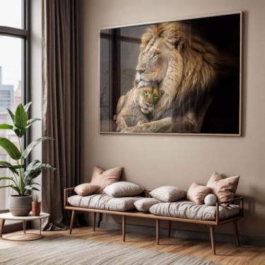 Imagem de Quadro com Moldura e Acrílico Cristal Leão Leoa Família – Arte Animal Horizontal Sala Quarto Hall Decorativo (40 x 60, Preto)