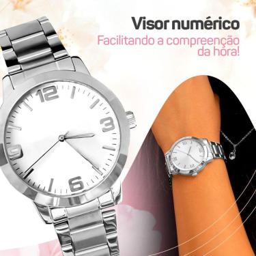 Imagem de Relogio Feminino Aço Inox Prata + Caixa + Pulseira Pandora