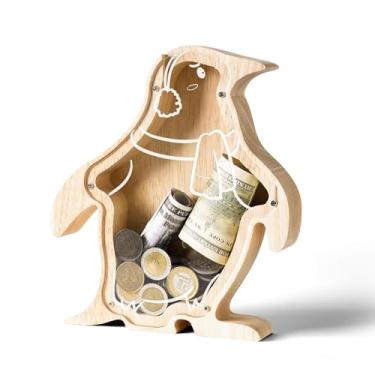 Imagem de Cofrinho de pinguim de madeira para crianças, cofrinho fofo, inquebrável, faça você mesmo, caixa de dinheiro segura personalizada com adesivos, presentes de batismo de aniversário para meninas e