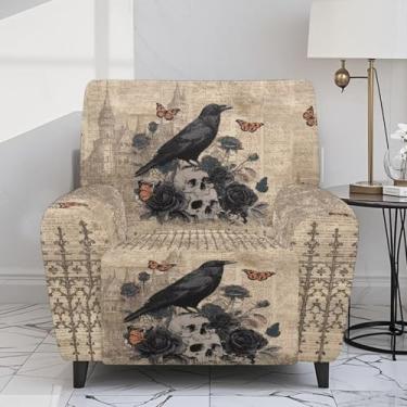 Imagem de WHOSGNIHT Capas reclináveis vintage de corvo para poltrona grande, capas reclináveis respiráveis de caveira borboleta rosa antiderrapantes laváveis com bolso para sala de estar e quarto