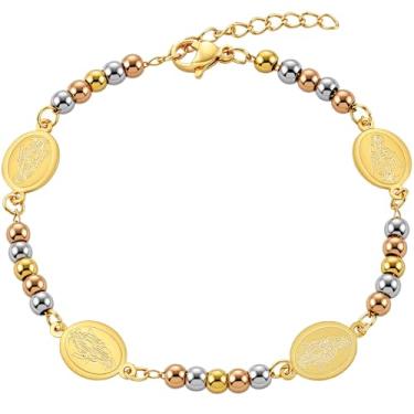 Imagem de Sunflower Jewellery Pulseiras de Virgem Maria para mulheres, pulseira religiosa tricolor com medalhões da Virgem Maria, corrente banhada a ouro com contas de ouro rosa e prata, joia de oração católica