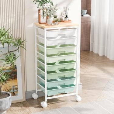 Imagem de Ekisemio Carrinho de armazenamento com 8 gavetas, organizadores de carrinho utilitário com gavetas e mesa de madeira, carrinho de gaveta com rodinhas para sala de estar, escritório, sala de aula, sala