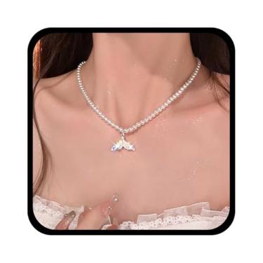 Imagem de Xduargs Colar gargantilha vintage pequena de cristal com cauda de baleia e pingente de cauda de sereia, colares de contas de pérolas para casamento, joias femininas