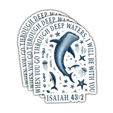 Imagem de Adesivos de vinil com 3 peças When You Go Through Deep Waters Whale Shark Christian Faith, Versículo da Bíblia inspirador, presentes para crentes, amigos, família, para laptop, garrafa de água