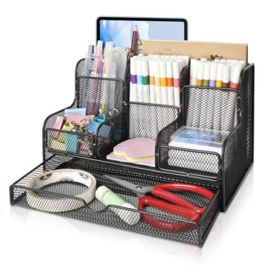 Imagem de Essovee Organizador de mesa de malha preta e acessórios com 7 compartimentos, acessórios de mesa multifuncionais de malha, organizadores, materiais de escritório, organizador de mesa para casa