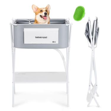 Imagem de BEBEROAD PETS B4 Estação de lavagem de cães com esfregão para cães pequenos e médios, banheira dobrável para banho e higiene, banheira de chuveiro dobrável portátil para cães, interior e exterior