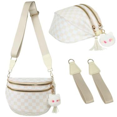 Imagem de LUKLUKTAISUN Espaçosa bolsa transversal de nylon quadriculada para mulheres bolsa quadriculada pochete quadriculada, Bege, Medium, Tendência