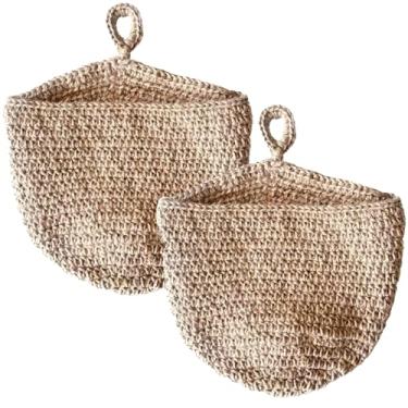 Imagem de LUMINFLY Cestas suspensas de corda de algodão, conjunto de 2 peças, armazenamento de cebola de batata de cozinha, rede de produtos boho, decoração de despensa montada na parede, organizador de frutas