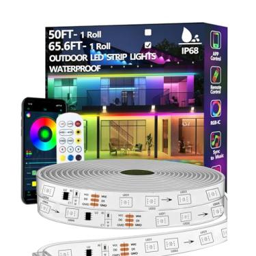 Imagem de Bvokon Fita de luz LED externa de 20 m IP68 à prova d'água, luzes externas RGB + IC com controle remoto, mudança de cor, corda de sincronização de música para varanda, deck, telhado, jardim, piscina