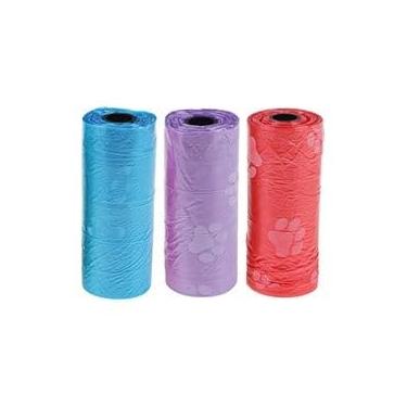 Imagem de Saquinhos Coletor de Fezes para Pet, 3 Rolos em Cores Sortidas Azul, Roxo e Vermelho, Sacos Higiênicos para Passeio com 15 sacos cada rolo