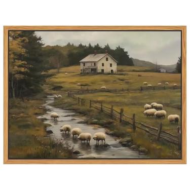 Imagem de SAMHOU Arte de parede de ovelha com moldura flutuante, impressões de pintura a óleo de animais de fazenda vintage, imagem em tela de paisagem de fazenda rústica, decoração de parede rústica para sala