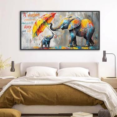Imagem de QZQCBLC Arte de parede abstrata, arte de rua inspiradora mãe e bebê elefante imagens de graffiti pintura moderna em tela de animal arte emoldurada para sala de estar quarto cozinha decoração de