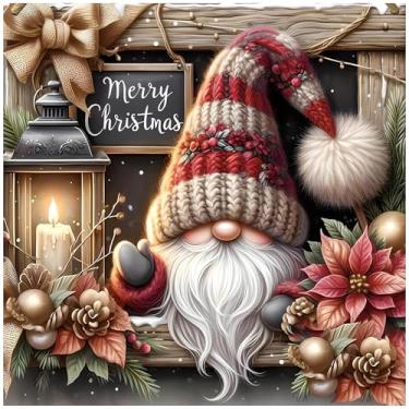Imagem de Kits de ponto cruz estampado com gnomo para adultos - Kits de bordado de Natal para iniciantes e adultos, kits de ponto cruz contados com dimensões de 11 CT para adultos, artesanato, 35,5 x 35,5 cm