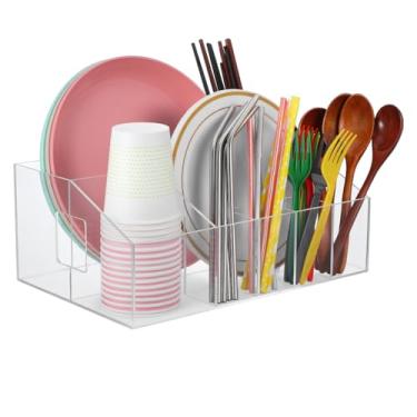 Imagem de Meyeyaia Organizador de pratos de papel acrílico, organizador de talheres de acrílico transparente, 8 compartimentos, para festas, cozinha, ao ar livre, piquenique, garfo, faca, colheres, pratos