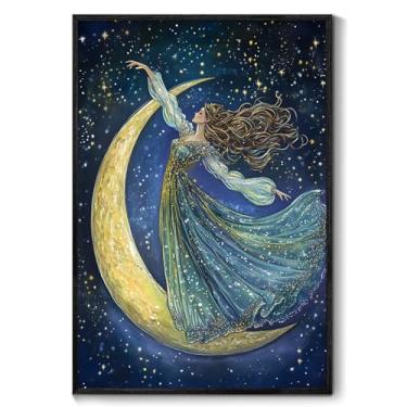 Imagem de Imagem de mulher e lua, arte de parede vintage, lua, lua escura, arte de parede, fantasia romântica, luas e estrelas, arte bonita, mulher, luas, deusa, pintura, decoração, sala de estar, 40,6 x 61 cm