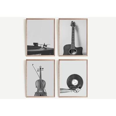 Imagem de 4 peças de arte de parede de música preto e branco vintage disco de guitarra pintura de violino decoração de parede minimalista pôster musical impressão instrumentos de arte imagens para estúdio, sala