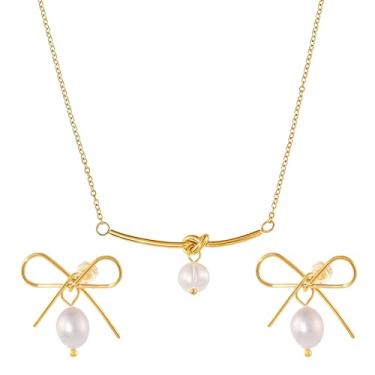 Imagem de WeiTeTaLuo Conjuntos de joias para mulheres – Conjunto de colar e brincos de concha de aço inoxidável banhado a ouro 18K com fivela OT, joias elegantes para presente de aniversário de casamento