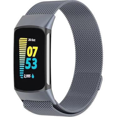 Imagem de Panda Bobo Pulseira de malha de metal para Fitbit Charge 6/Charge 5, pulseira de substituição ajustável com alça milanesa (azul cinza)