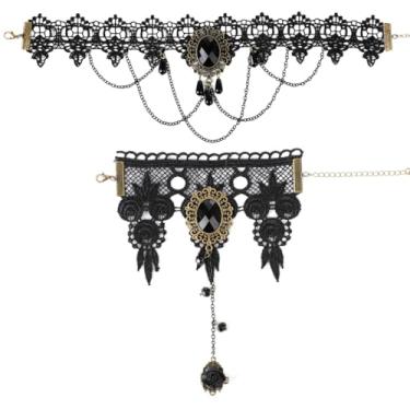 Imagem de LUMINFLY Conjunto de colar e pulseira gótico vintage, gargantilha artesanal retrô e pulseira de renda de vampiro para festas de Halloween