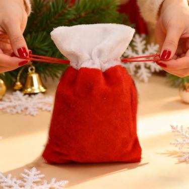Imagem de Saco de presente de veludo com cordões de Natal vermelhos doces lanches sacos de embalagem de joias suportes de armazenamento lembrancinha de festa, 14 * 9 cm (1 peça)