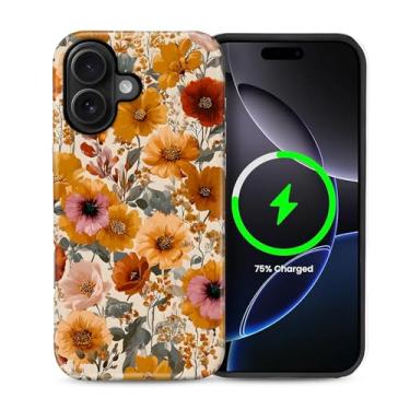 Imagem de ZHEGAILIAN Capa magnética para iPhone 16 Plus, compatível com capa rígida MagSafe + silicone macio 2 em 1 híbrido à prova de choque capa protetora contra quedas floral sonho flores silvestres bordado